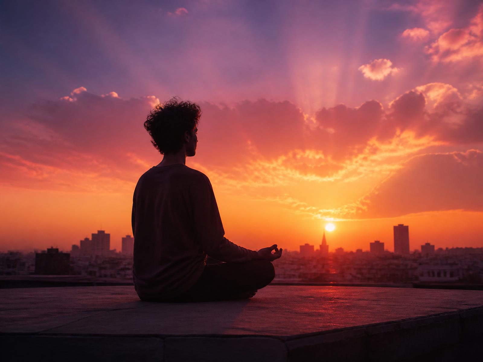 Person meditating at sunset